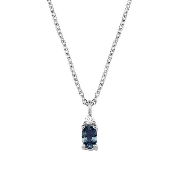 Petit vedhæng i 14 kt hvidguld med blå safir og diamant 0,025 ct fra Nuran med kæde